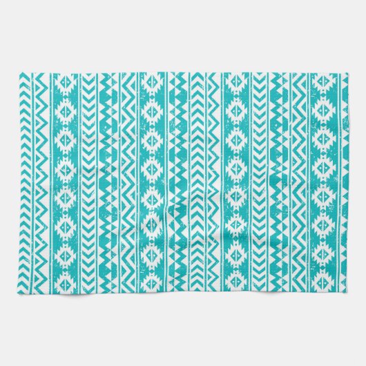 Blauwgroen tribaal patroon Grunge Aztec Theedoek (Horizontaal)