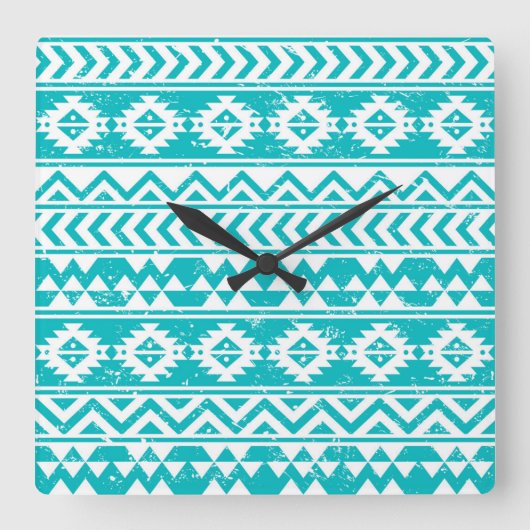 Blauwgroen tribaal patroon Grunge Aztec Vierkante Klok (Voorkant)