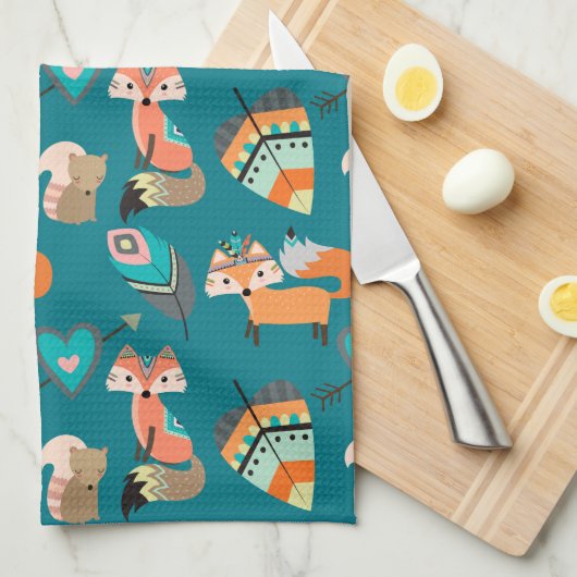 Blauwgroen Tribal Fox Pattern Kitchen Theedoek (Quarter Fold)