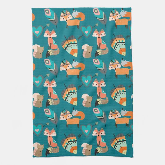 Blauwgroen Tribal Fox Pattern Kitchen Theedoek (Verticaal)