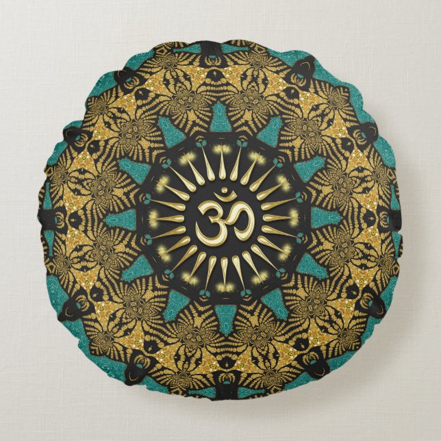 Blauwgroen Tribal Mandala Om Symbool Ronde Kussen (Voorkant)
