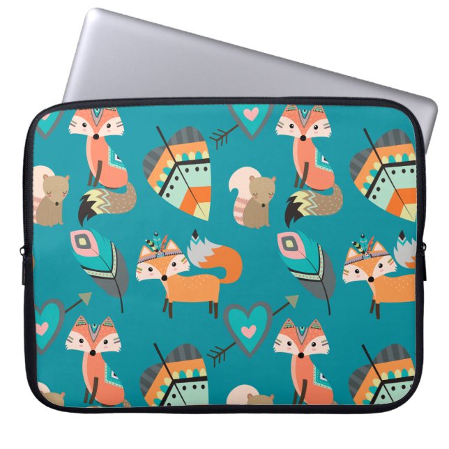 Blauwgroen tribale vossen laptop sleeve (Voorkant)