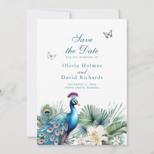 Blauwgroen Tropical Peacock Wedding Save the Date  (Voorkant)