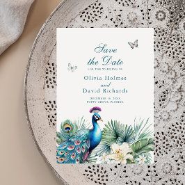 Blauwgroen Tropical Peacock Wedding Save the Date 