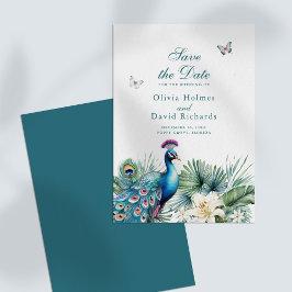 Blauwgroen Tropical Peacock Wedding Save the Date 