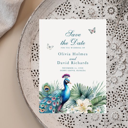 Blauwgroen Tropical Peacock Wedding Save the Date 