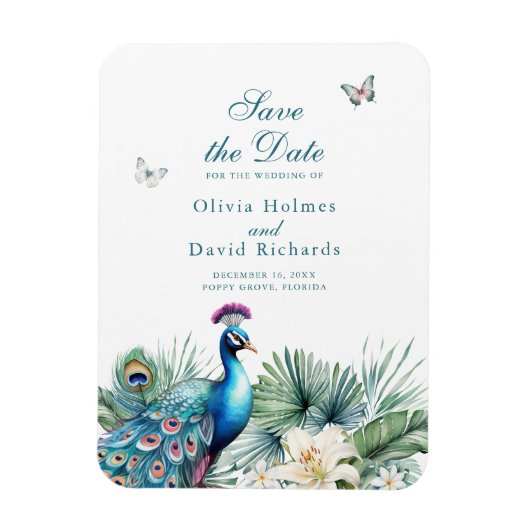 Blauwgroen Tropical Peacock Wedding Save the Date  Magneet (Verticaal)