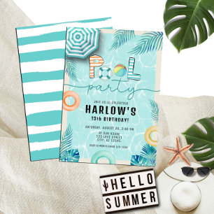 Blauwgroen Tropical Summer Fun Pool Party Verjaard Kaart