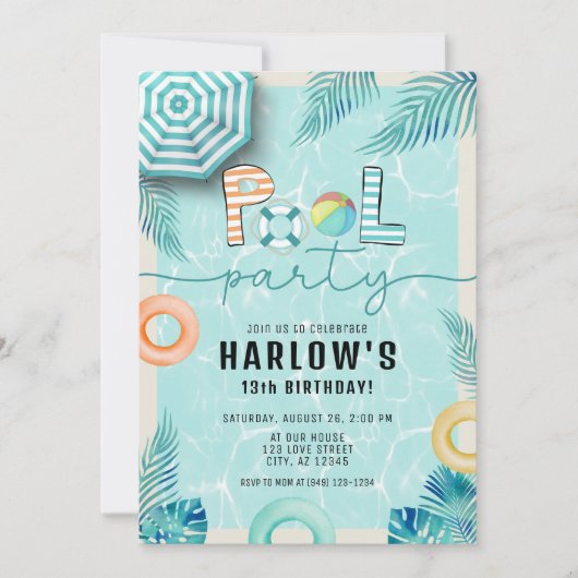 Blauwgroen Tropical Summer Fun Pool Party Verjaard Kaart (Voorkant)