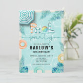 Blauwgroen Tropical Summer Fun Pool Party Verjaard Kaart (Staand voorkant)