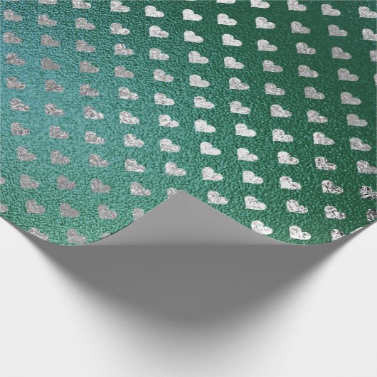 Blauwgroen Tropisch Groen Glas Zilveren Harten Gri Cadeaupapier (Hoek)