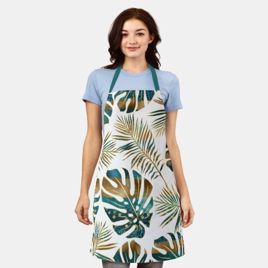 Blauwgroen tropische bladeren, gouden penseelstrek schort (Gedragen)