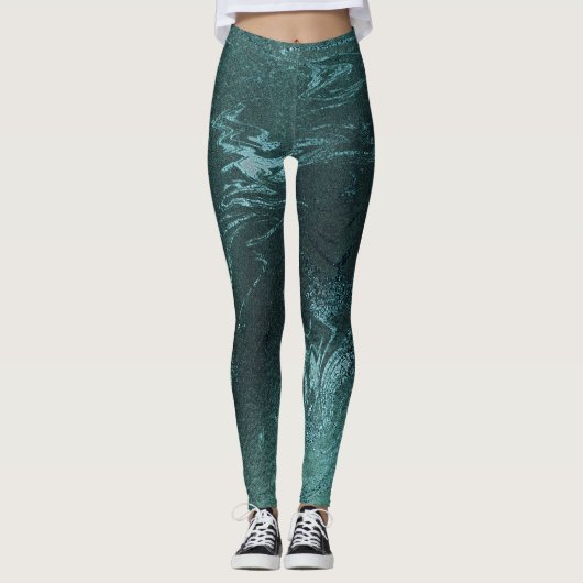 Blauwgroen tropische groene metalen Abstracte marm Leggings (Voorkant)