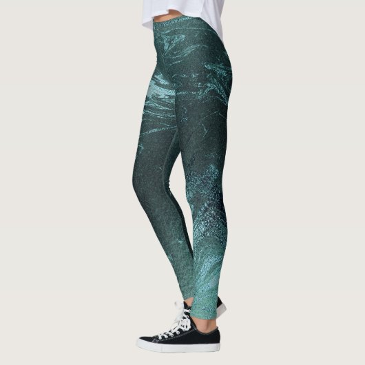 Blauwgroen tropische groene metalen Abstracte marm Leggings (Links)