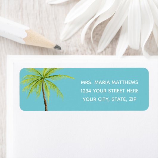 Blauwgroen tropische palmboom strand Adresetikette Etiket (Insitu)