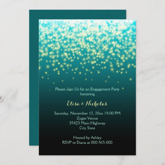 Blauwgroen trouwverlovingsfeest voor mousserende l kaart (Voorkant / Achterkant)