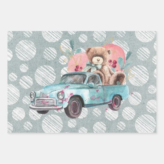  Blauwgroen Truck Teddy Bear Baby shower Inpakpapier Vel (Voorkant 3)