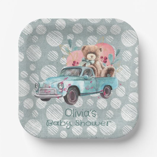  Blauwgroen Truck Teddy Bear Baby shower Papieren Bordje (Voorkant)