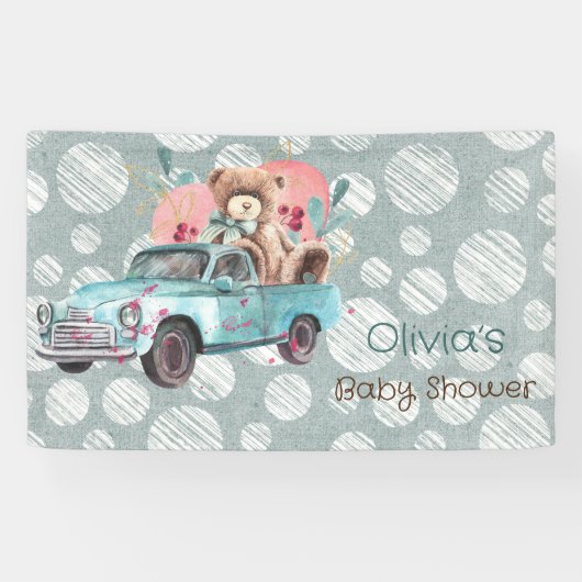 Blauwgroen Truck Teddy Bear Baby shower Spandoek (Horizontaal)