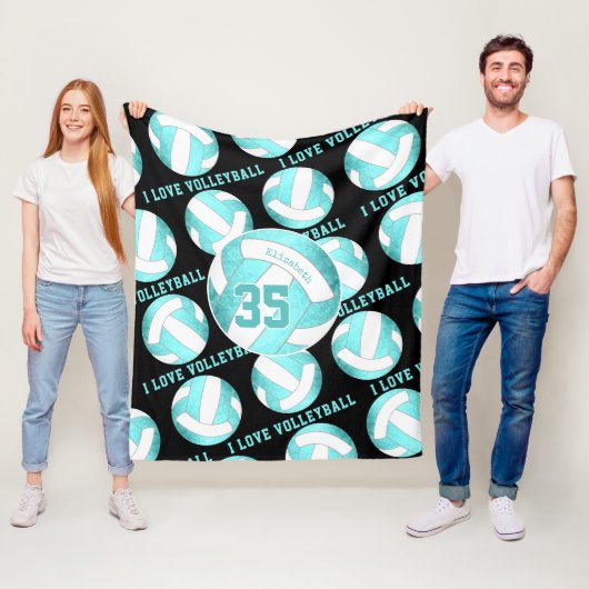 blauwgroen turkooise girly Ik hou van volleybal Fleece Deken (In situ)