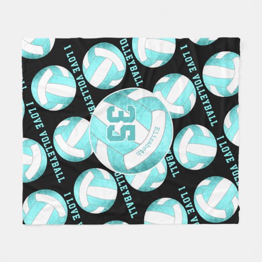 blauwgroen turkooise girly Ik hou van volleybal Fleece Deken (Voorkant (Horizontaal))
