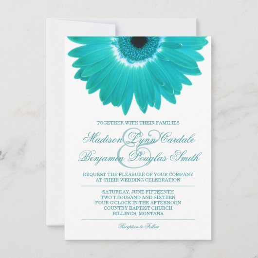 Blauwgroen Turquoise Aqua Daisy Wedding Invitation Kaart (Voorkant)