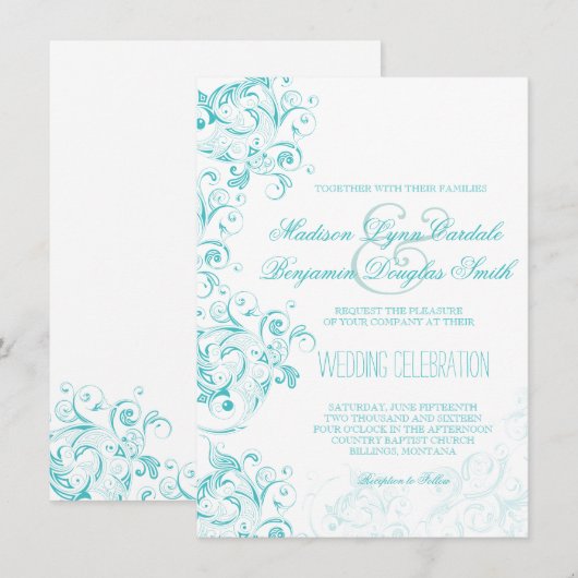 Blauwgroen Turquoise Aqua Flourish Wedding Invitat Kaart (Voorkant / Achterkant)