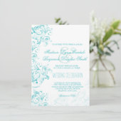 Blauwgroen Turquoise Aqua Flourish Wedding Invitat Kaart (Staand voorkant)