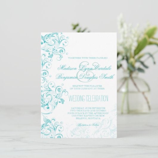 Blauwgroen Turquoise Aqua Flourish Wedding Invitat Kaart