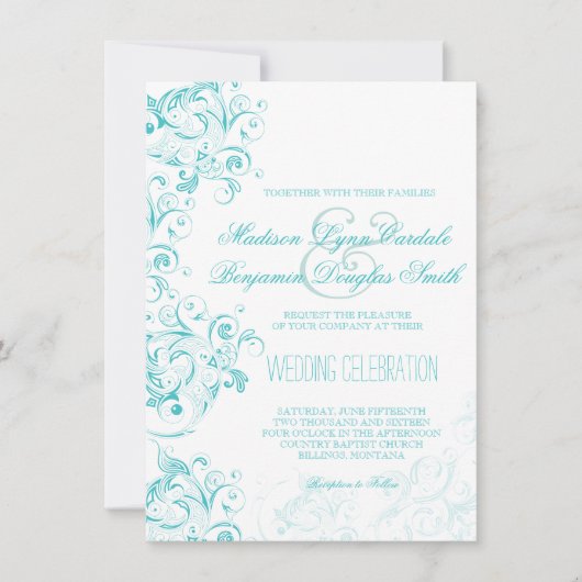 Blauwgroen Turquoise Aqua Flourish Wedding Invitat Kaart (Voorkant)