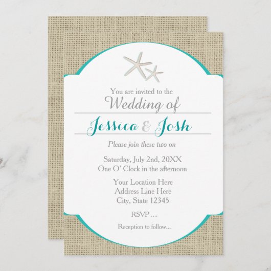 Blauwgroen Turquoise Beach Burlap Starfish Invitat Kaart (Voorkant / Achterkant)