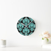 Blauwgroen Turquoise & Black Damask Modern, persoo Ronde Klok (Huis)