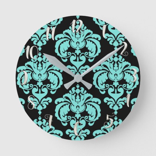 Blauwgroen Turquoise & Black Damask Modern, persoo Ronde Klok (Voorkant)