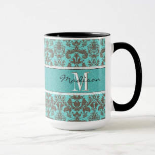 Blauwgroen Turquoise blauw & Brown Damask, op maat Mok