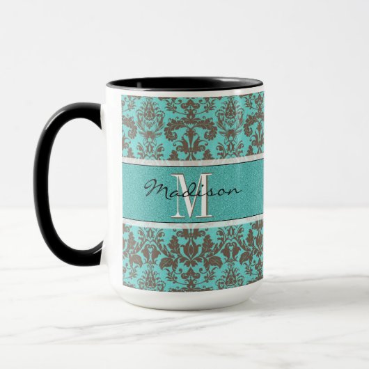 Blauwgroen Turquoise blauw & Brown Damask, op maat Mok (Links)