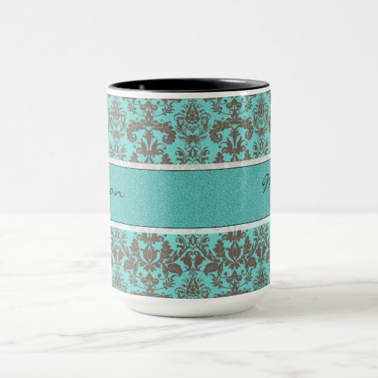 Blauwgroen Turquoise blauw & Brown Damask, op maat Mok (Midden)