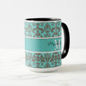 Blauwgroen Turquoise blauw & Brown Damask, op maat Mok (Voorkant rechts)