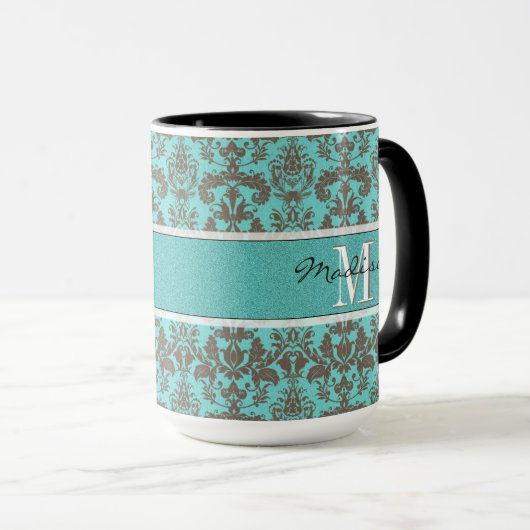 Blauwgroen Turquoise blauw & Brown Damask, op maat Mok (Voorkant rechts)