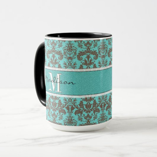 Blauwgroen Turquoise blauw & Brown Damask, op maat Mok (Voorkant links)