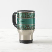 Blauwgroen Turquoise blauw & Brown Damask, op maat Reisbeker (Voorkant links)