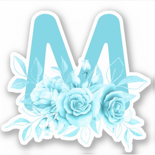 Blauwgroen Turquoise Bloemen Waterverf Monogram Sticker (Voorkant)