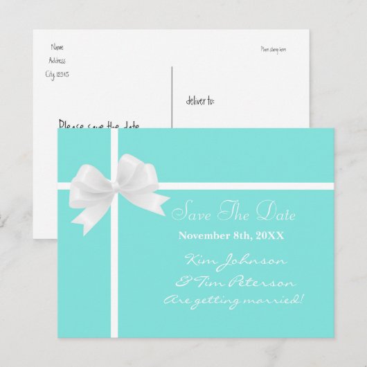 Blauwgroen Turquoise Blue & Bow Wedding Save the D Aankondigingskaart (Voorkant / Achterkant)