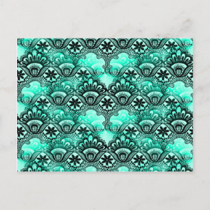Blauwgroen Turquoise Blue en Black Lace Damask Pat Briefkaart
