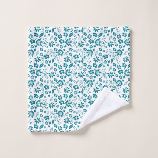  Blauwgroen Turquoise Blue Floral Pattern Monogram Bad Handdoek (Wasdoekje)