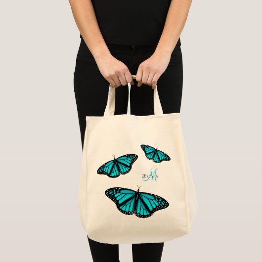 blauwgroen turquoise butterflies gepersonaliseerd tote bag (Voorkant (product))