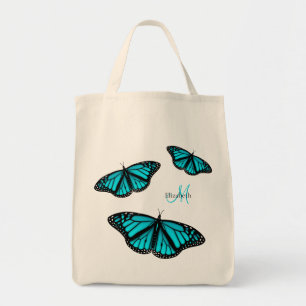 blauwgroen turquoise butterflies gepersonaliseerd tote bag