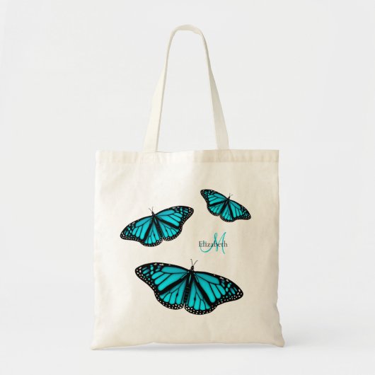 blauwgroen turquoise butterflies gepersonaliseerd tote bag (Voorkant)