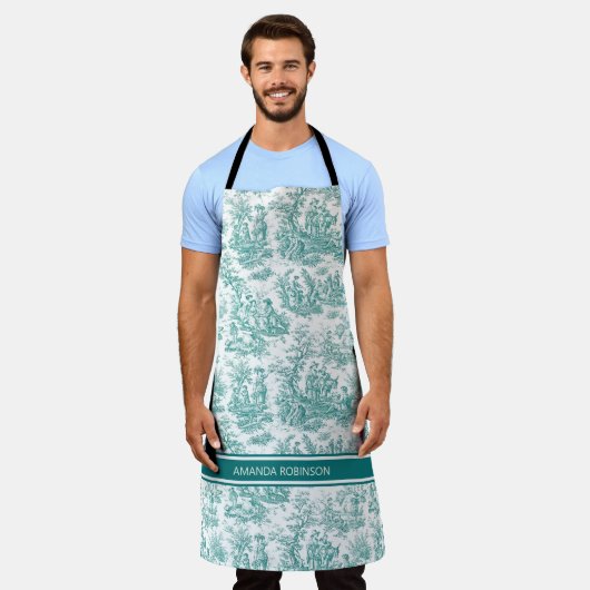  blauwgroen turquoise de jouy bedrukt schort (Gedragen)