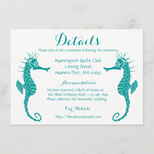 Blauwgroen Turquoise Details Seahorse Beach Weddin Informatiekaartje (Voorkant)