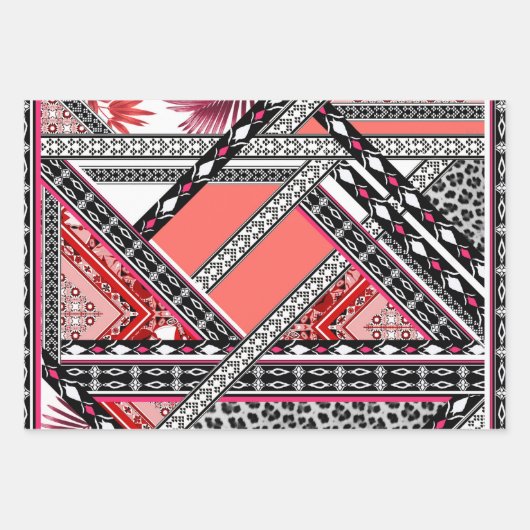 Blauwgroen - Turquoise en Coral  Retro Pattern Inpakpapier Vel (Voorkant 3)